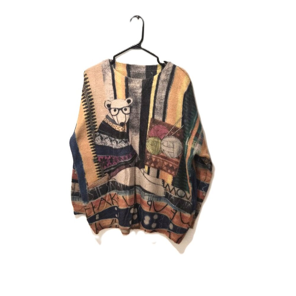 YESNO Quirky Polar Bear Knit Pullover Storybook Whimsical Artsy Kitch Dopamine